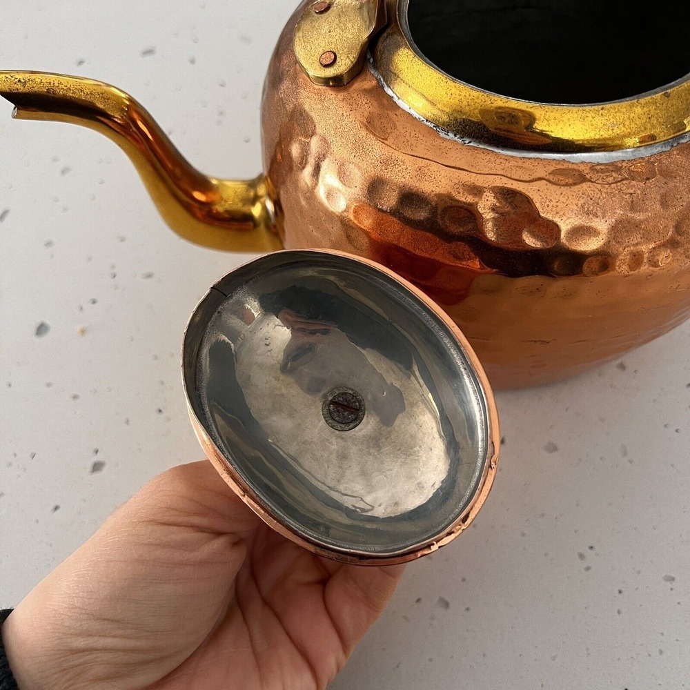 Antique hand-Hammered Copper Tea Kettle pot coffee brass details Gooseneck CLEAN - Picture 8 of 12
